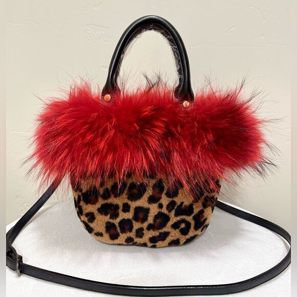Leopard Handmade Real Fox Fur & Shearling leather Top Handles Bag/Multi Use Bag - Picture 1 of 16